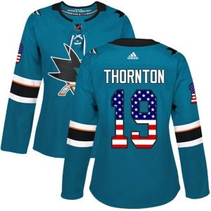 Damen San Jose Sharks Trikot Joe Thornton 19 Teal USA Flag Fashion Authentic